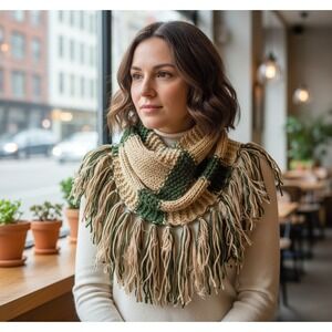NEW Hand Knitted Tan Beige Green Boho Cowl Scarf Hippie Earthy Indie Art Cottage